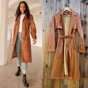 Camel Patent Vegan Leather Belted Trench Coat 🌿